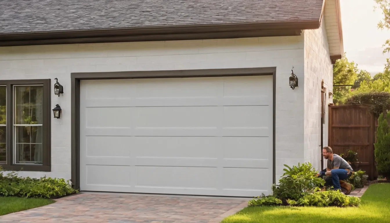 Installer fitting a new garage door on a brick home in Dallas