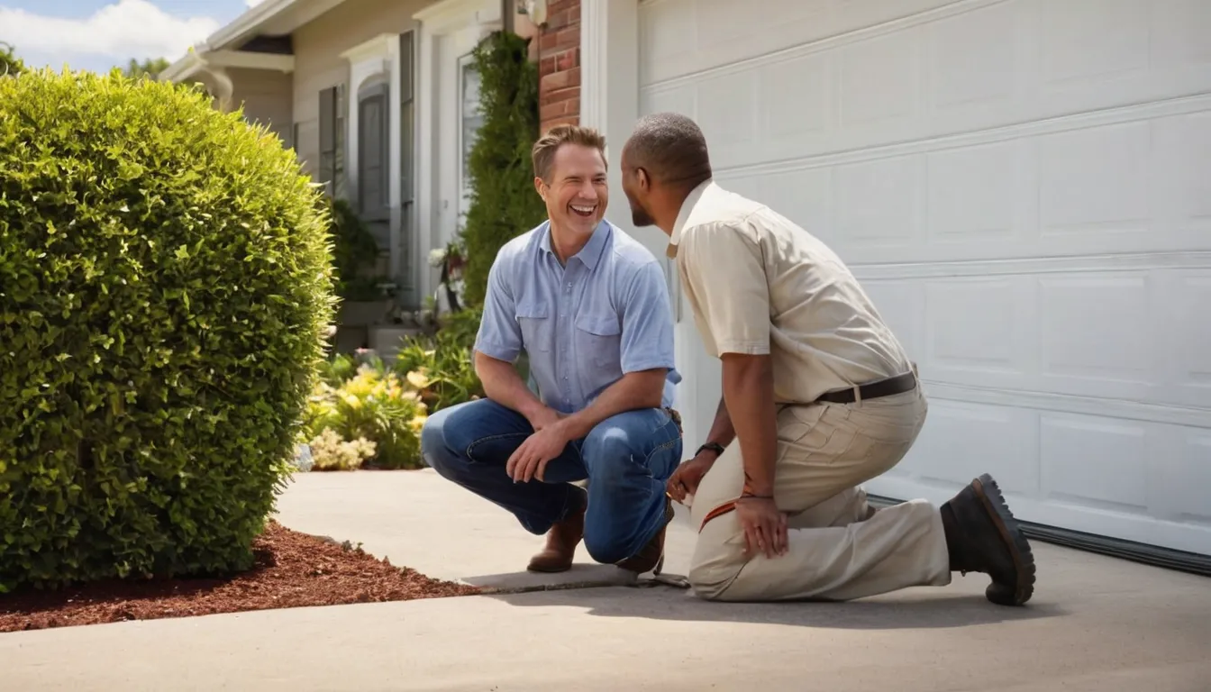 Friendly garage door provider inspecting a residential garage door in Dallas with a homeowner nearby